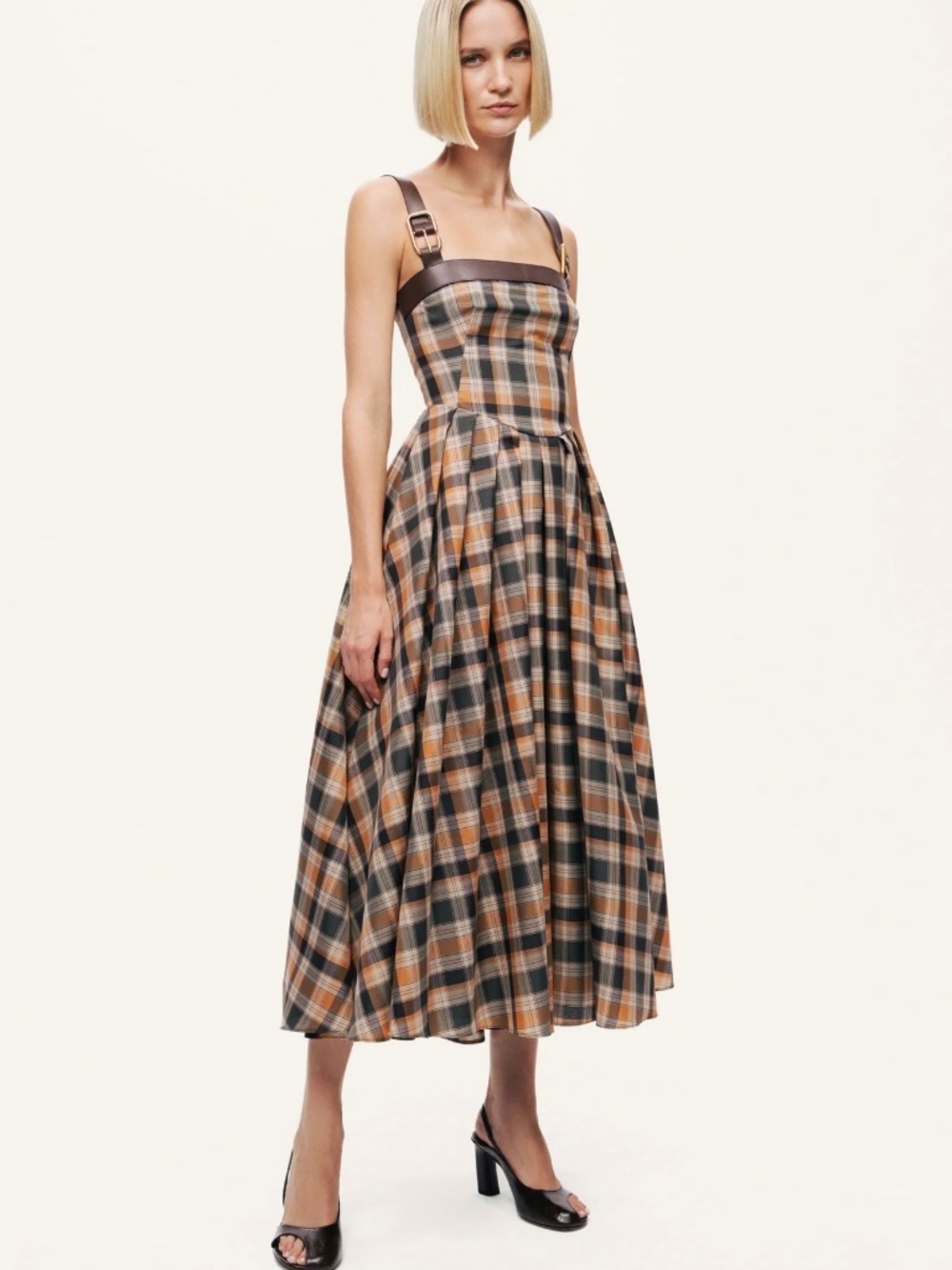 Checked Midi Dress with Leather Trim in Brown and Cream